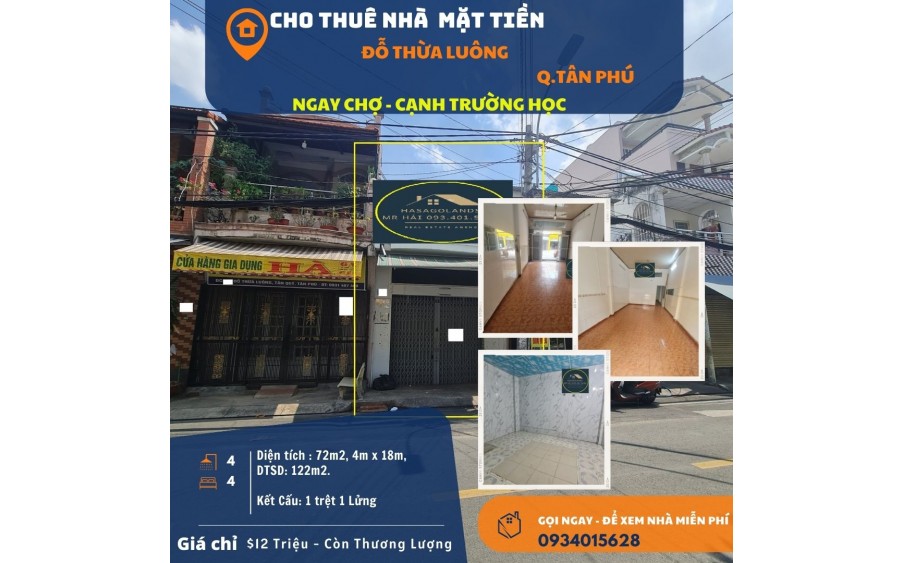 Cho thuê nhà mặt tiền Đỗ Thừa Luông 72m2, 1 Lửng, 12Triệu - NGAY CHỢ